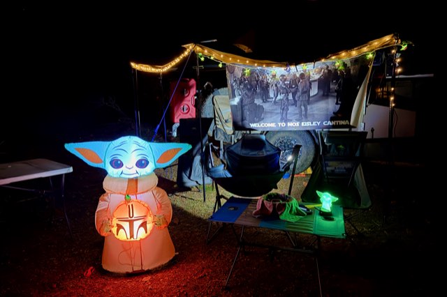 Trailer camp in blue and purple light