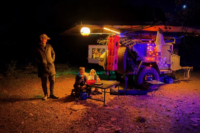 Snack break under the string lights